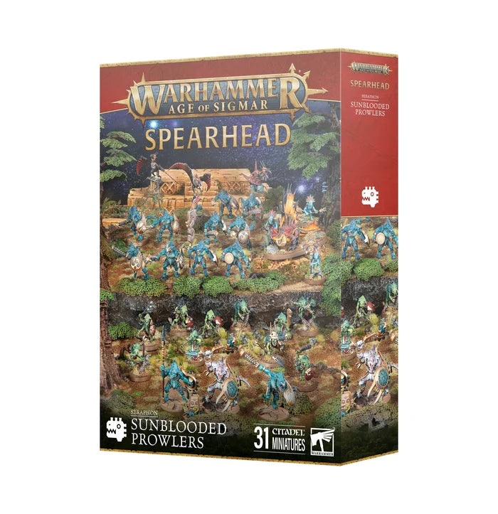 Red and gold box featuring a battle scene of 31 blue and green lizard-like miniatures in a jungle temple landscape.