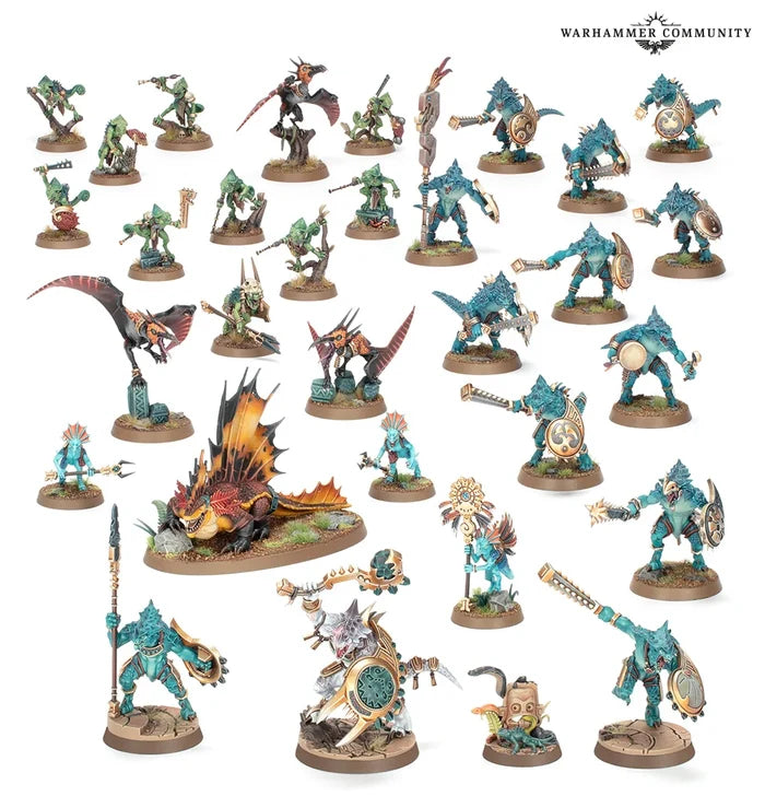 Seraphon miniatures featuring blue lizard warriors, green scouts, and a large orange monster on scenic round bases.