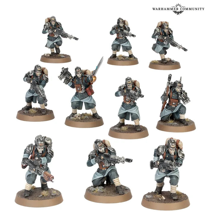 Ten painted miniature soldiers wearing blue-grey coats and gas masks, holding rifles and equipment on round brown bases.