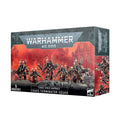 Box art for 5 black and gold Chaos Terminator miniatures with tusks and spikes against a red fiery background.