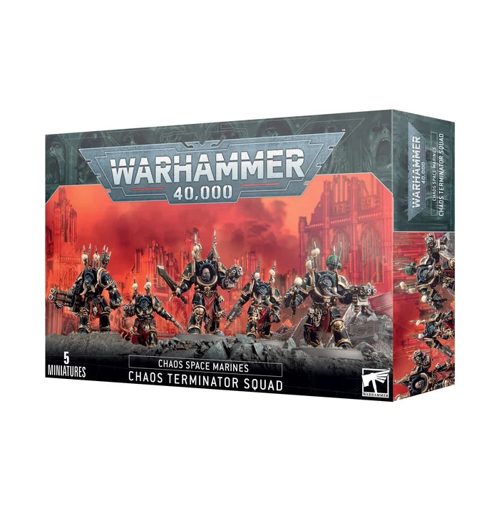 Box art for 5 black and gold Chaos Terminator miniatures with tusks and spikes against a red fiery background.