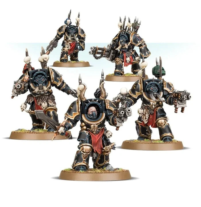 Five black and gold armored warrior figures with spikes, horns, and skulls, carrying heavy guns and swords.