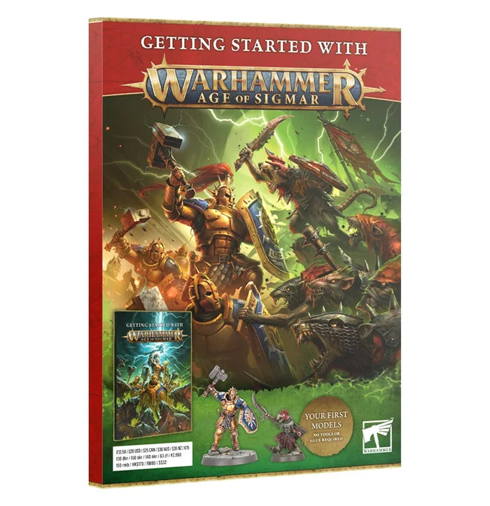 Red and green box showing a gold knight battling rat-men, includes two starter miniatures and a rulebook.