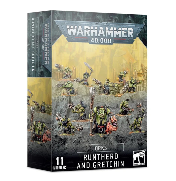 Angled box for 11 green miniatures on grey rocks against a hazy yellow background with the Warhammer 40,000 logo.