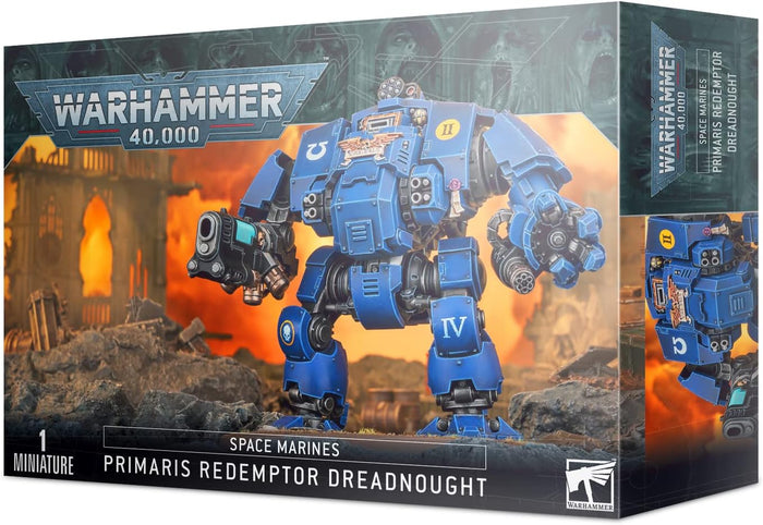 Blue armored robot miniature with heavy weaponry on a box featuring fiery ruins and a dark sky with faint faces.