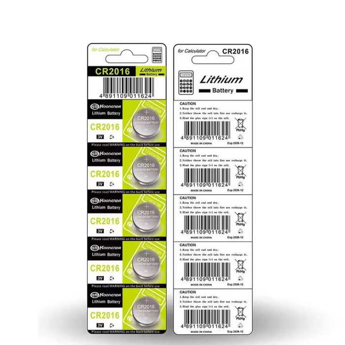 Five Koonenda CR2016 watch batteries from That Watch Shop, small round lithium batteries for watch power.