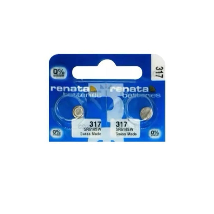 Two Renata 317 / SR516SW watch batteries in a 2-pack, suitable for replacing watch batteries in various timepieces.
