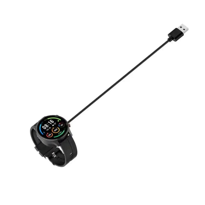 Black Xiaomi Mi S1 Active watch charger, compatible with Xiaomi smartwatch, shown connected to the device.