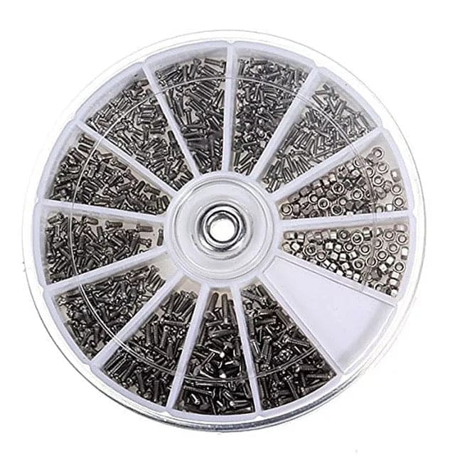 Set of 600 watch, sunglasses, and electronics screws with clear round organizer for watch repair and maintenance tools.
