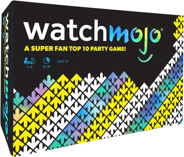 Black party game box with watchmojo title and colorful geometric pattern of downward arrows in yellow, blue, and green.