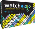 Black party game box with watchmojo title and colorful geometric pattern of downward arrows in yellow, blue, and green.