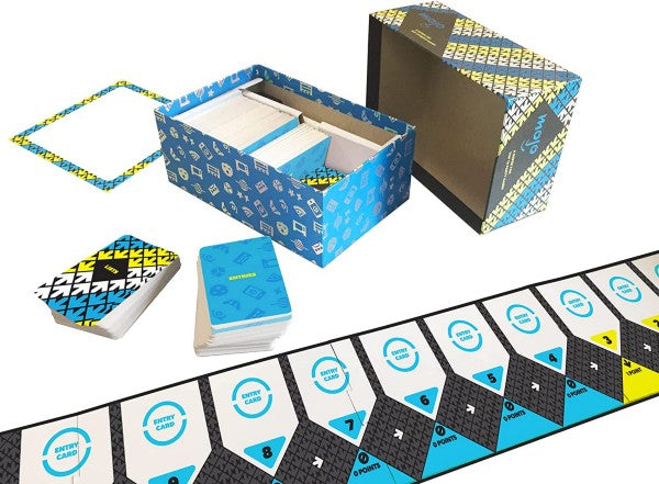 Blue and yellow patterned board game with a card box, card stacks, and a long numbered track on a white background.