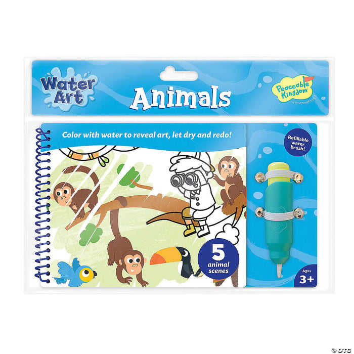 Spiral animal water art book with a green water brush and jungle scene featuring monkeys and a toucan.
