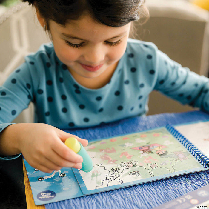 Young girl colors a spiral-bound book with a chunky water brush to reveal colorful animal illustrations.