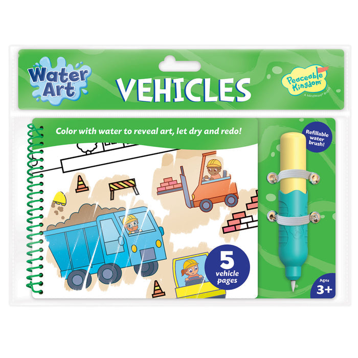 Spiral-bound water-reveal book with construction vehicle art and a yellow and teal water brush in green packaging.