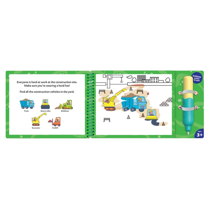 Open construction-themed water art book with vehicle illustrations and a refillable yellow and blue water brush.