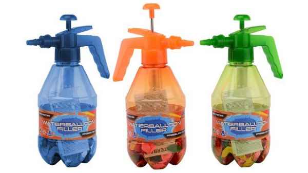 Blue, orange, and green plastic pump-action bottles with plungers, each filled with colorful uninflated balloons.