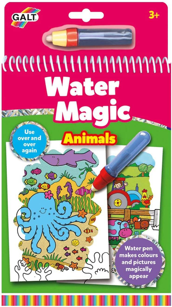 Pink Galt spiral-bound water coloring book and pen. Cover shows a blue octopus and farm animals being revealed.