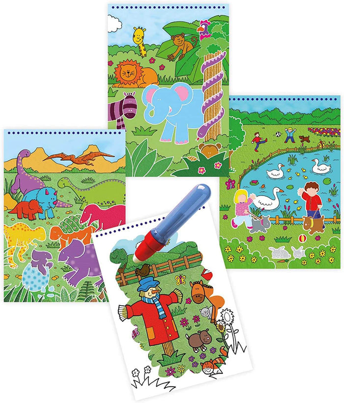 Four reusable water-reveal boards with jungle, dinosaur, park, and farm animal scenes and a refillable water pen.