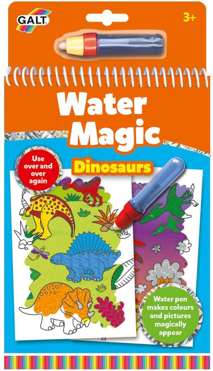 Orange Galt Water Magic Dinosaurs spiral book with a water pen revealing colorful dinosaur illustrations on pages.