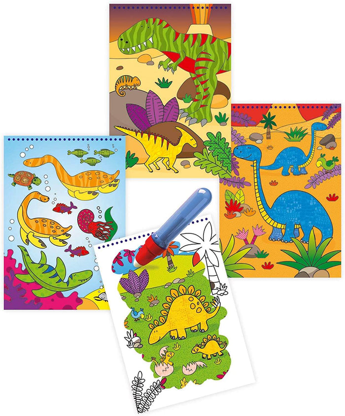 Four spiral-bound dinosaur water reveal pads and a blue pen revealing bright illustrations of prehistoric creatures.