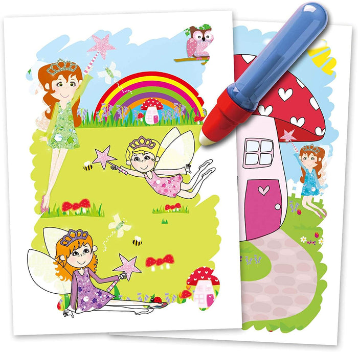 Blue water pen revealing colorful fairy, rainbow, and mushroom illustrations on two reusable activity cards.