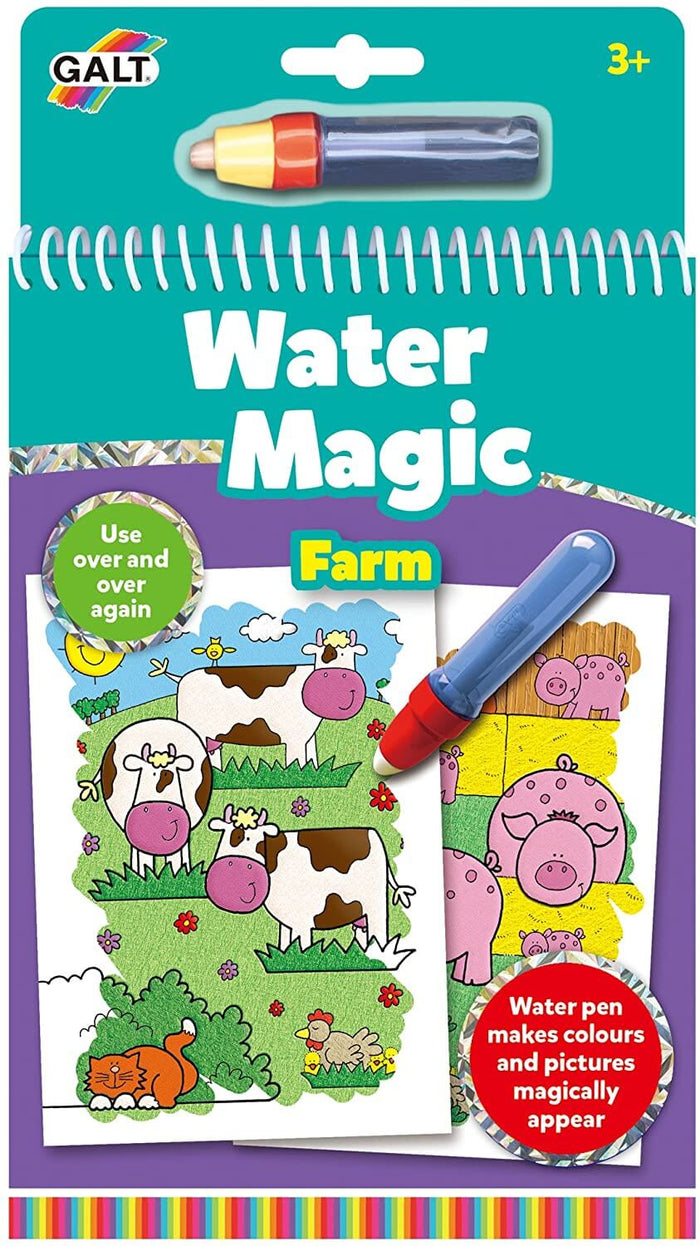 Galt Water Magic Farm spiral book with cow and pig illustrations and a blue water pen on teal packaging.