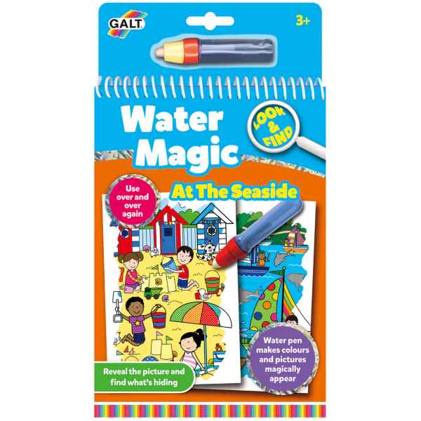 Blue and orange seaside activity book with cartoon beach scenes and a refillable water pen in its packaging.