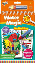 Orange spiral-bound activity book with a refillable water pen and colorful camping and travel scene illustrations.