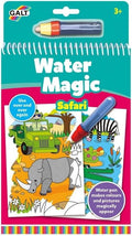 Teal spiral-bound safari coloring book with a water pen, featuring illustrations of a green jeep, rhino, and zebra.