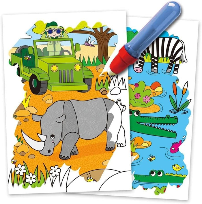 Two safari water reveal boards with a blue and red pen coloring colorful scenes of a rhino, jeep, zebra, and crocodile.
