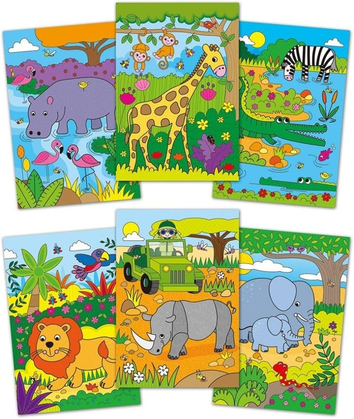 Six colorful cartoon safari scenes featuring a hippo, giraffe, zebra, lion, rhino, and elephants in vibrant habitats.