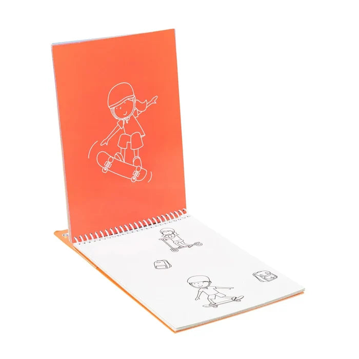 Spiral-bound activity book with an orange cover featuring a skateboarder and white pages with sports-themed line art.