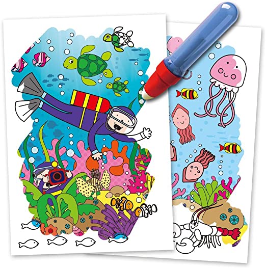Two ocean-themed activity boards and a blue water pen revealing colorful illustrations of sea life and a scuba diver.