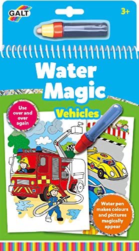 Spiral-bound Water Magic Vehicles coloring book with a blue water pen, red fire truck, and yellow race car.