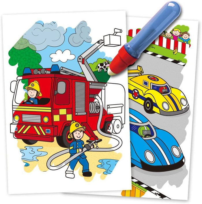Two reusable Water Magic vehicle coloring boards with a blue water pen revealing colors on a fire truck and race cars.