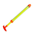 Long, clear water shooter with a neon yellow inner rod and bright orange nozzle and curved pump handle.