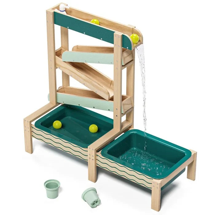 Wooden multi-level water track toy with teal basins, zigzagging ramps, yellow balls, and flowing water.