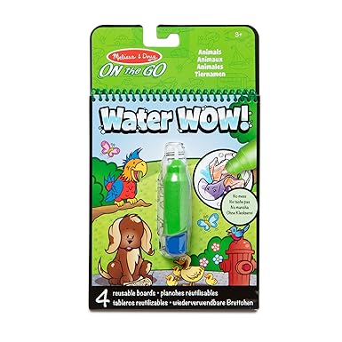 Green spiral-bound activity book with cartoon animal art and a refillable green water pen in a clear plastic holder.