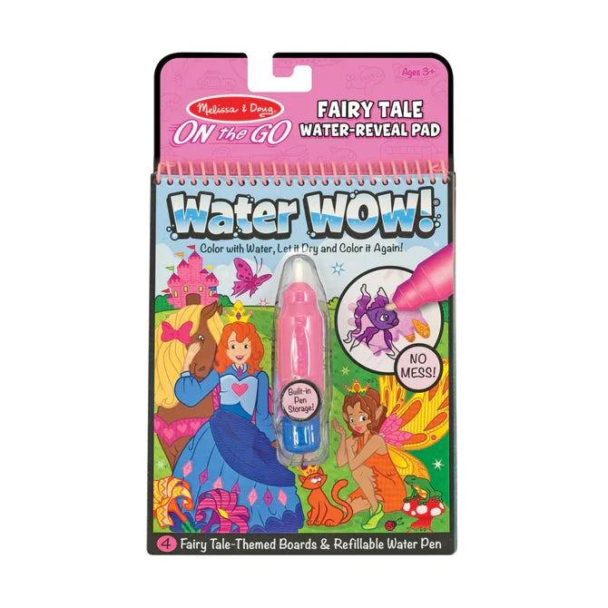 Spiral-bound fairy tale water-reveal pad with a pink pen, featuring colorful art of a princess and fairy.