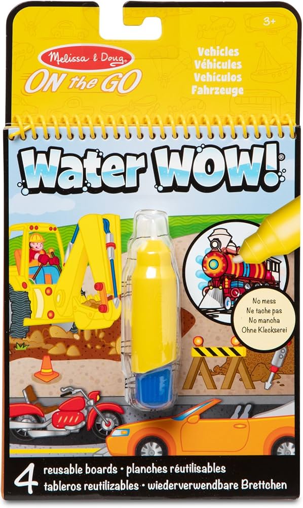 Yellow spiral activity book with a chunky water pen and colorful drawings of a train, excavator, and motorcycle.