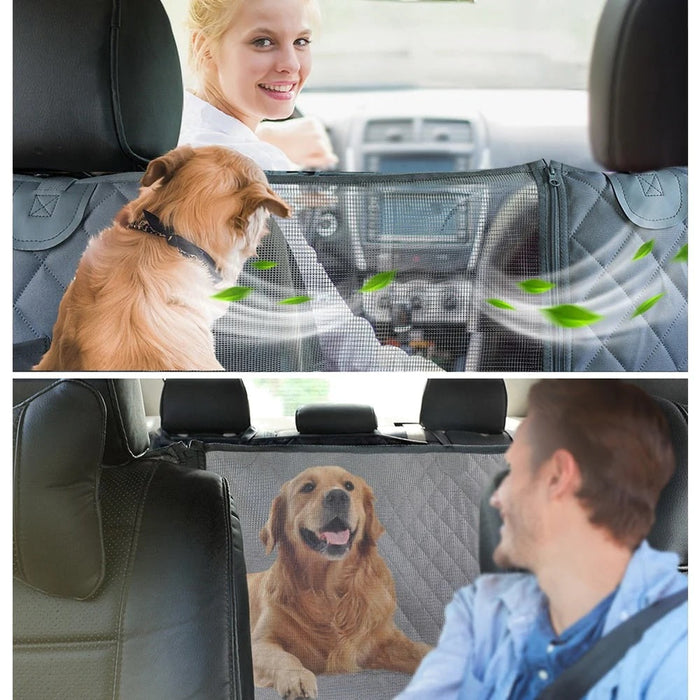 Waterproof pet car back seat protector with mesh window and pocket, suitable for pets and car travel.