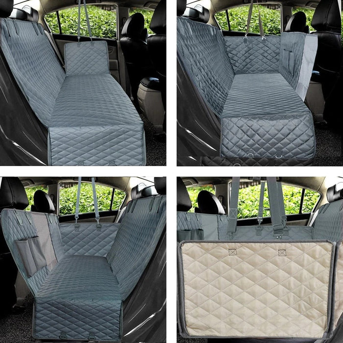 Waterproof pet car back seat protector with mesh window and storage pocket, durable and easy to clean for car travel.