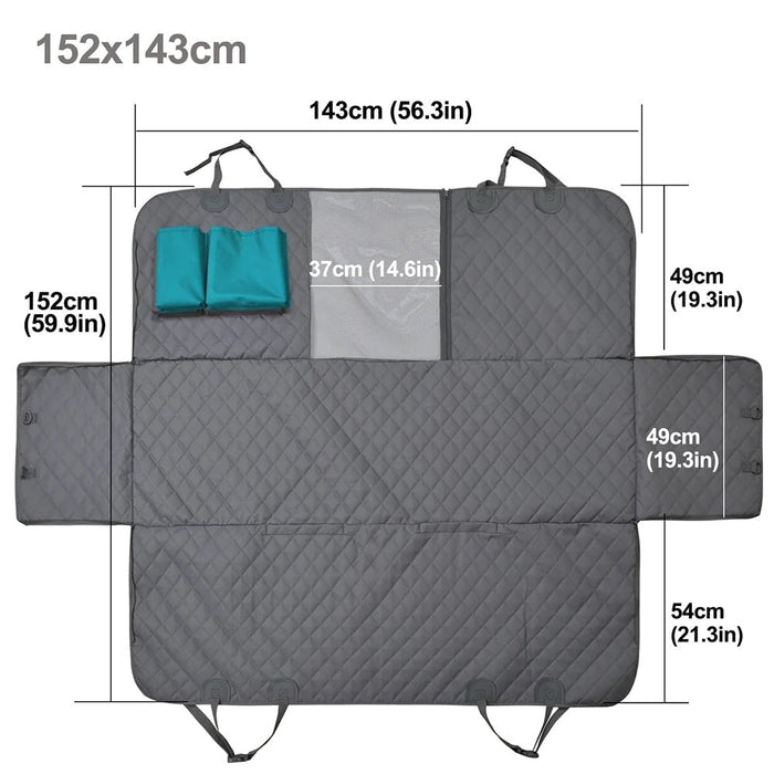 Waterproof pet car back seat protector with mesh pocket and window, designed for easy cleanup and pet comfort.