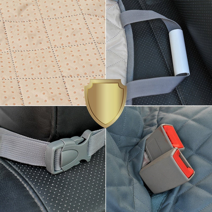 Waterproof pet car back seat protector with mesh pocket and window, ideal for secure vehicle travel with pets.