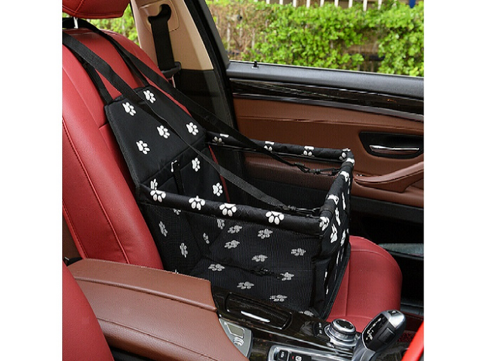 Waterproof grey pet car seat cover featuring paw and bone pattern, suitable for cats and dogs, by dealonline.co.nz