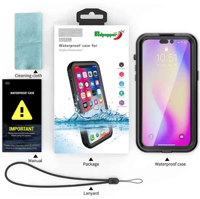 Techplus waterproof shockproof case for iPhone 14 Plus, red protective cover with durable, water-resistant design and reinforced edges.