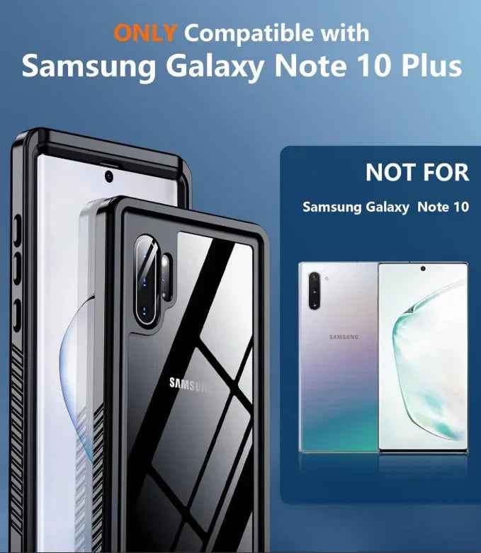 Techplus waterproof and shockproof mobile phone case for Samsung Galaxy Note 10 Plus, showing durable protection and clear design