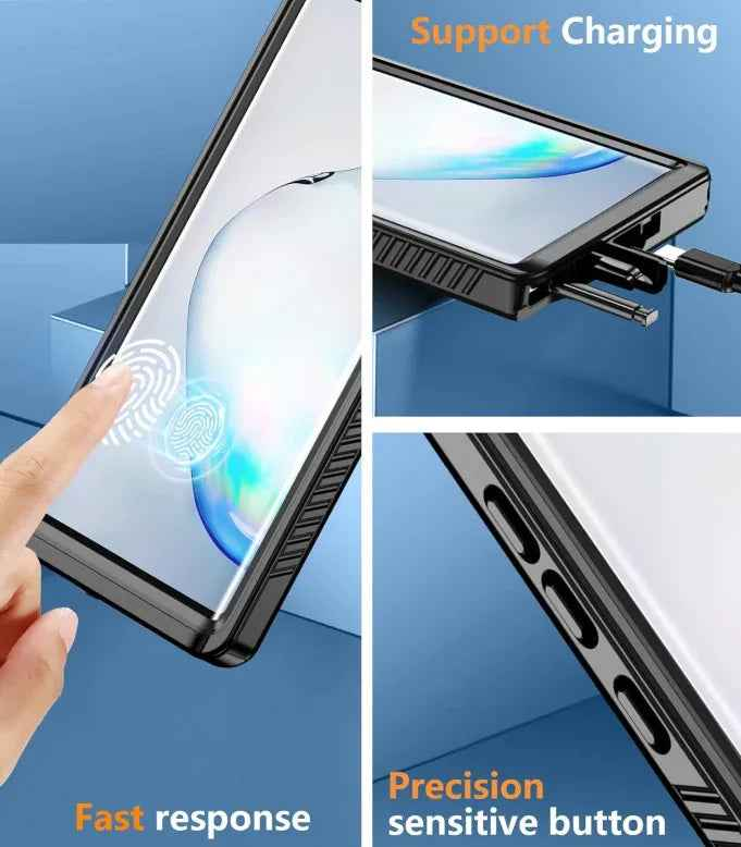 Techplus waterproof and shockproof phone case for Samsung Galaxy Note 10 Plus, showing durable protective design and clear front cover.