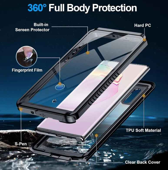 Techplus waterproof and shockproof phone case for Samsung Galaxy Note 10, showing durable protective design and clear coverage.